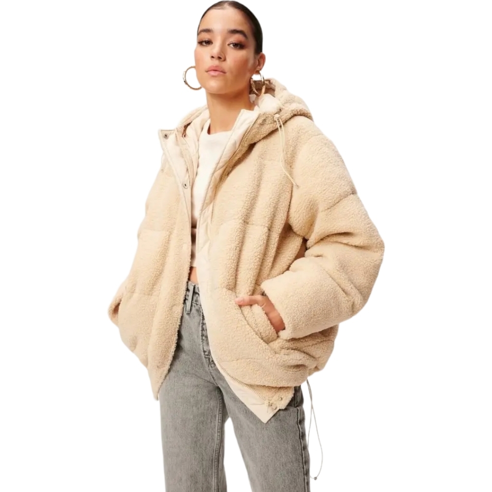 Good American Faux Ivory Shearling Hooded Puffer Jacket